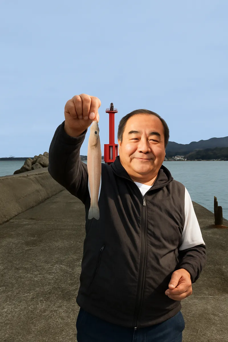 波津漁港でシロギスの釣果を得た持田.webp