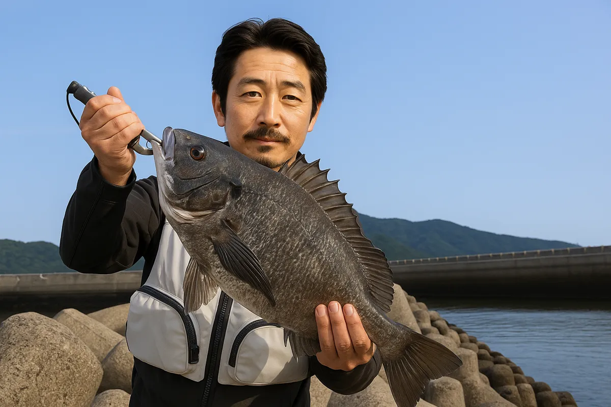 浜田港でチヌの釣果を得た佐々木.webp