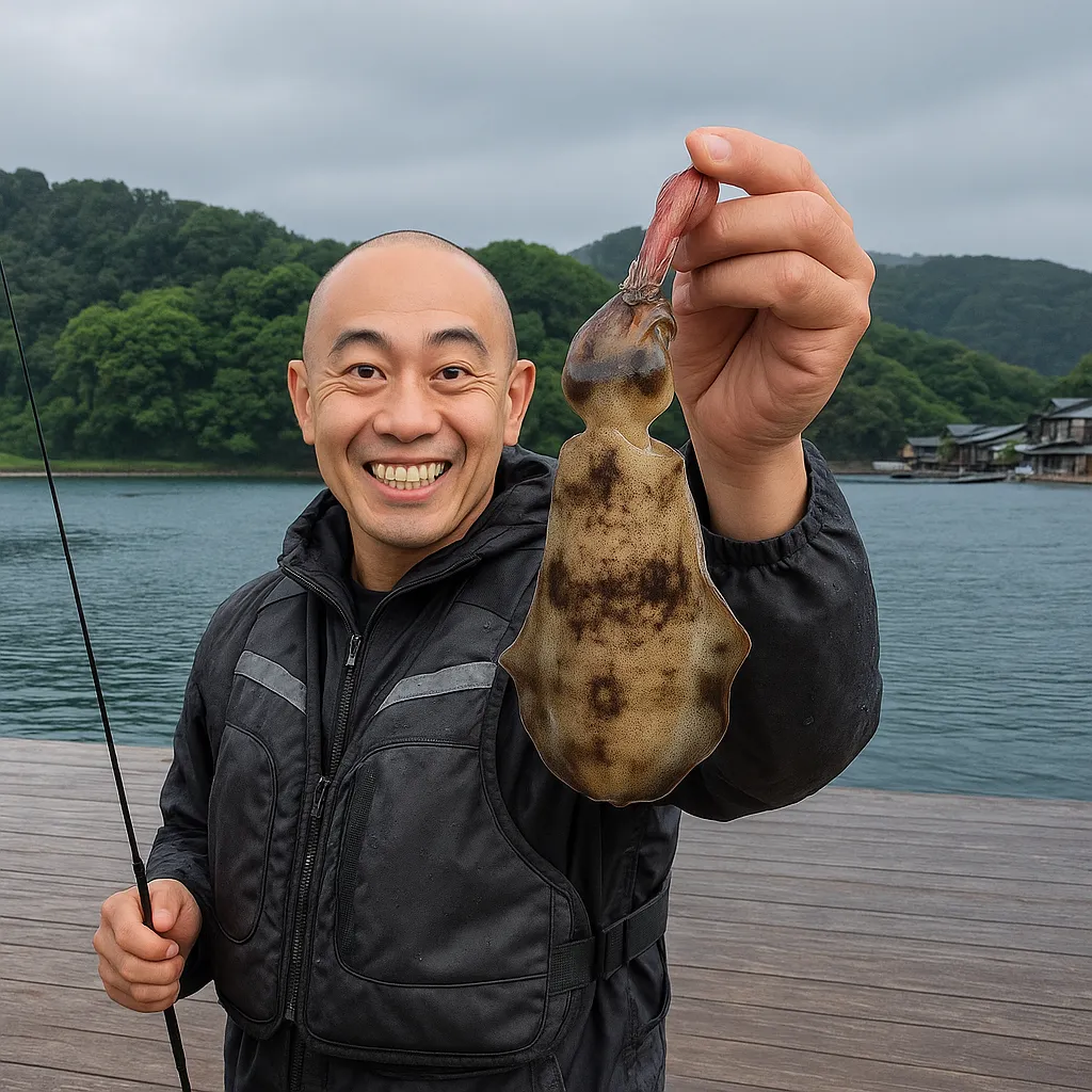 浦ノ内湾でアオリイカの釣果を得たがんだま君.webp