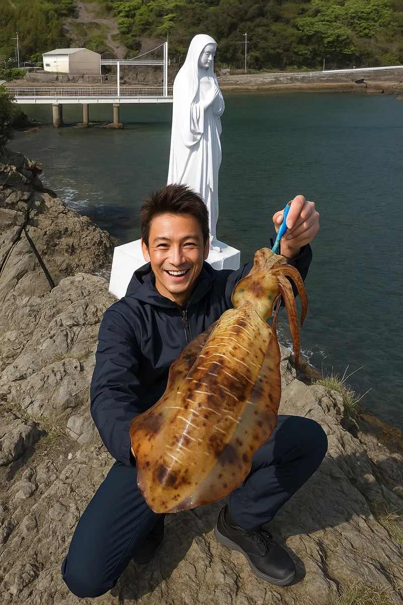 海上マリア像でアオリイカの釣果を得た亀岡.webp