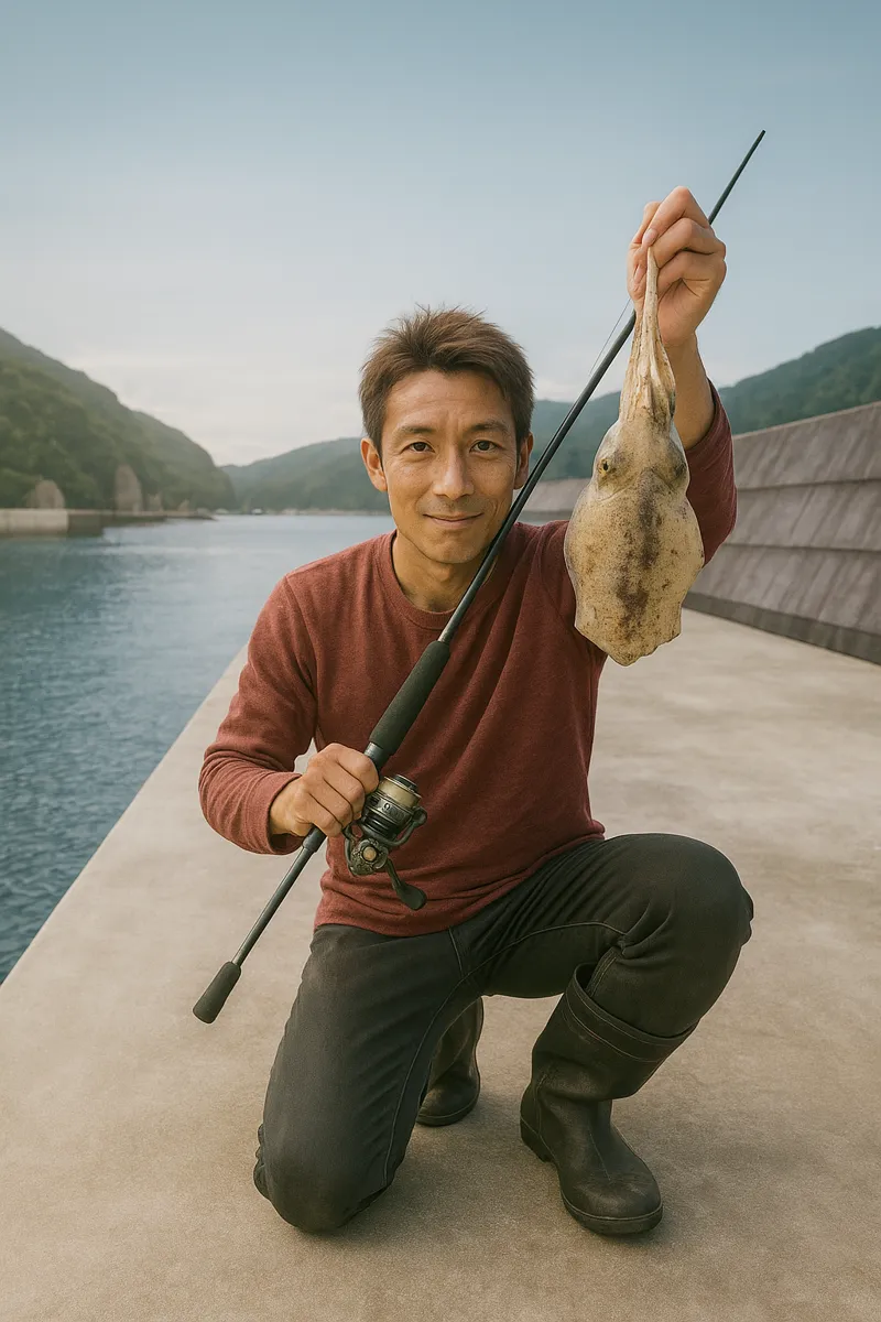 深浦漁港でアオリイカの釣果を得た亀岡.webp