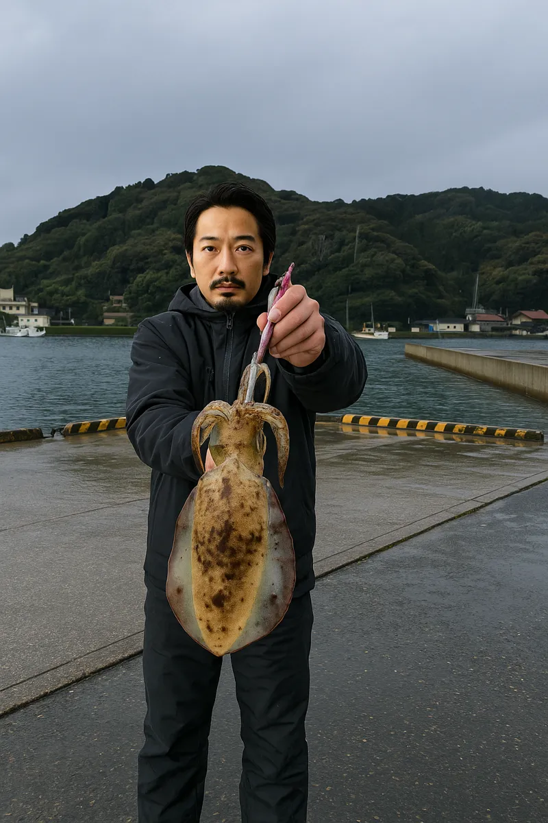 深海漁港でアオリイカの釣果を得た佐々木.webp