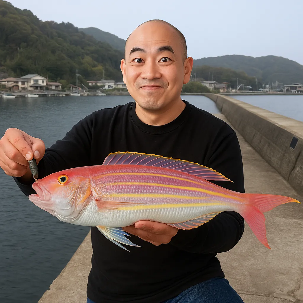 深海漁港でイトヨリの釣果を得たがんだま君.webp
