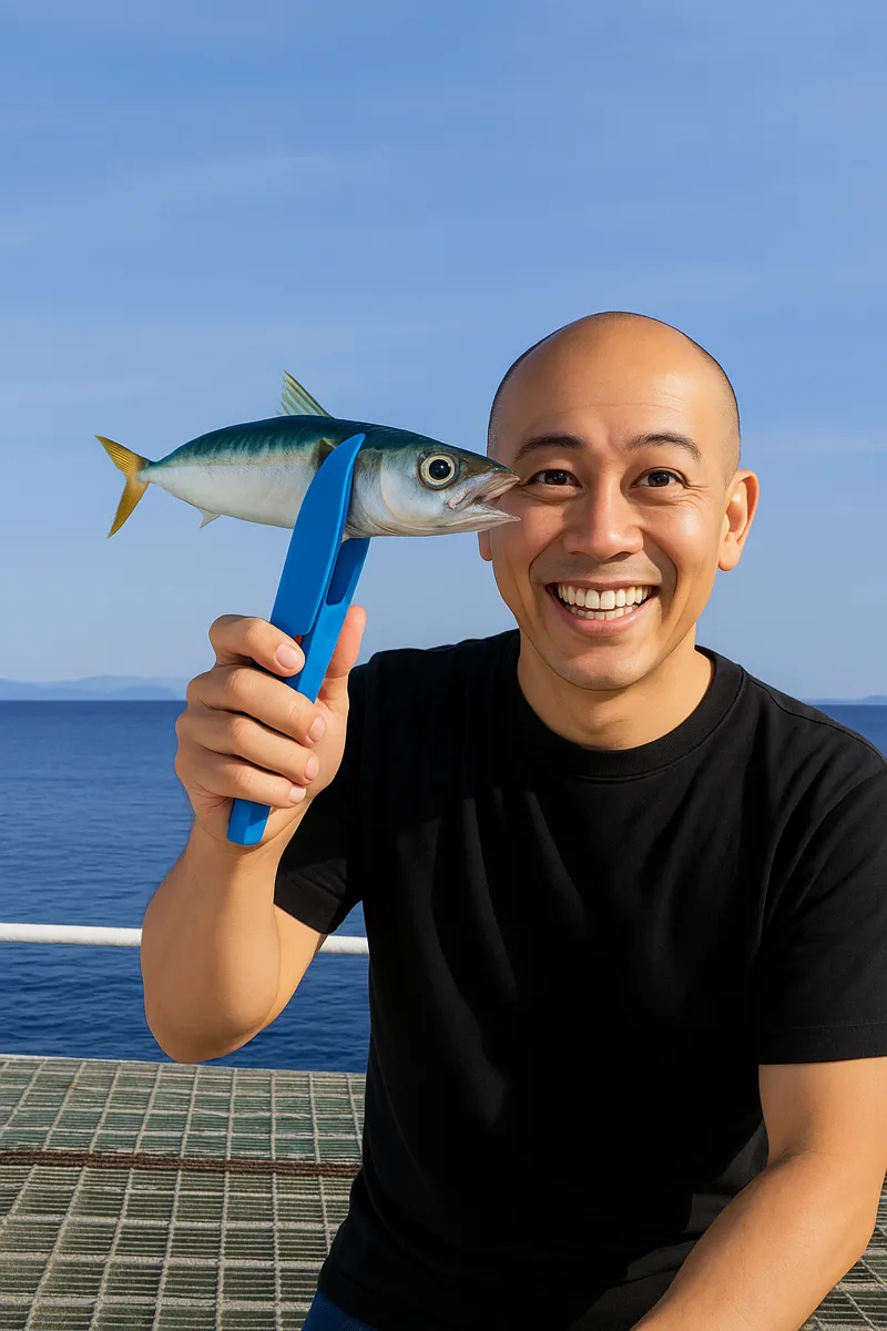 湯の児フィッシングパークでサバの釣果を得たがんだま君.webp