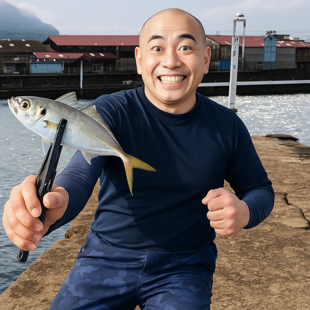 片上一文字でアジの釣果を得たがんだま君.webp