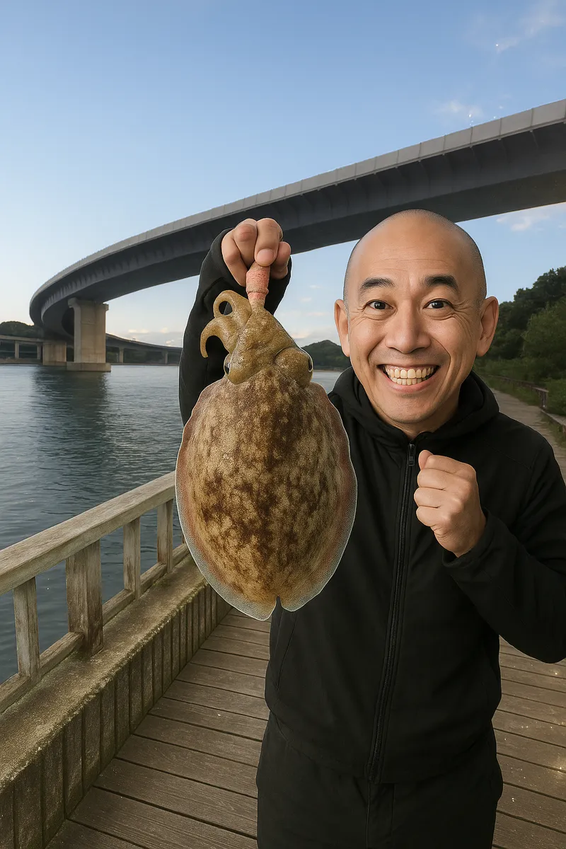 牛深漁港でコウイカの釣果を得たがんだま君.webp