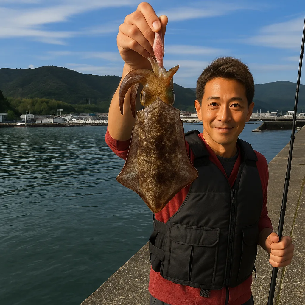 牟岐漁港でアオリイカの釣果を得た亀岡.webp