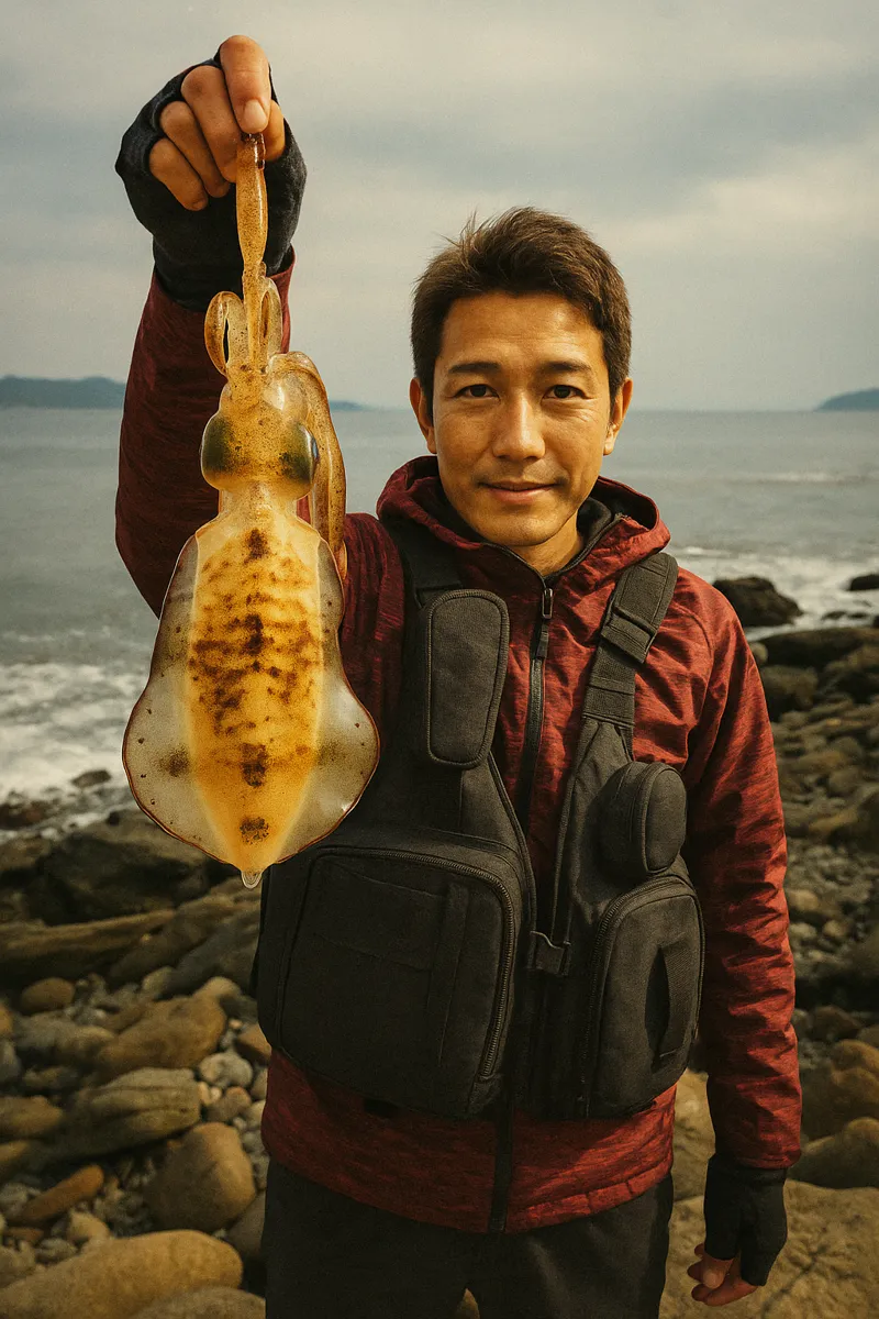 玄海島でアオリイカの釣果を得た亀岡.webp
