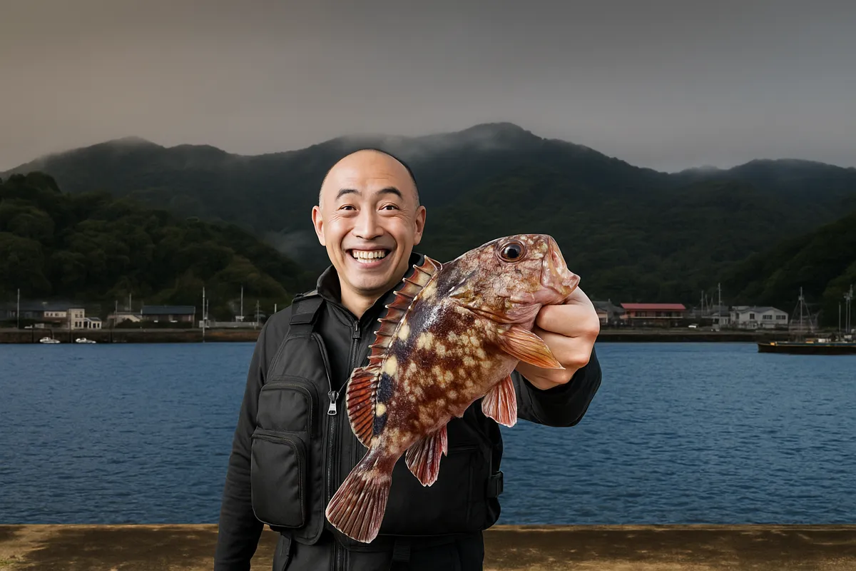 田ノ浦漁港でカサゴの釣果を得たがんだま君.webp