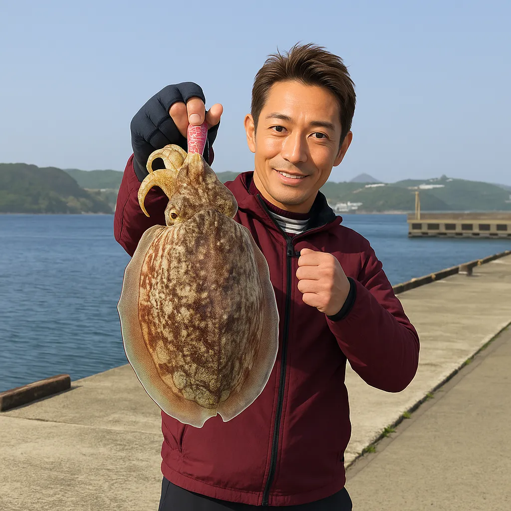 田平港でコウイカの釣果を得た亀岡.webp