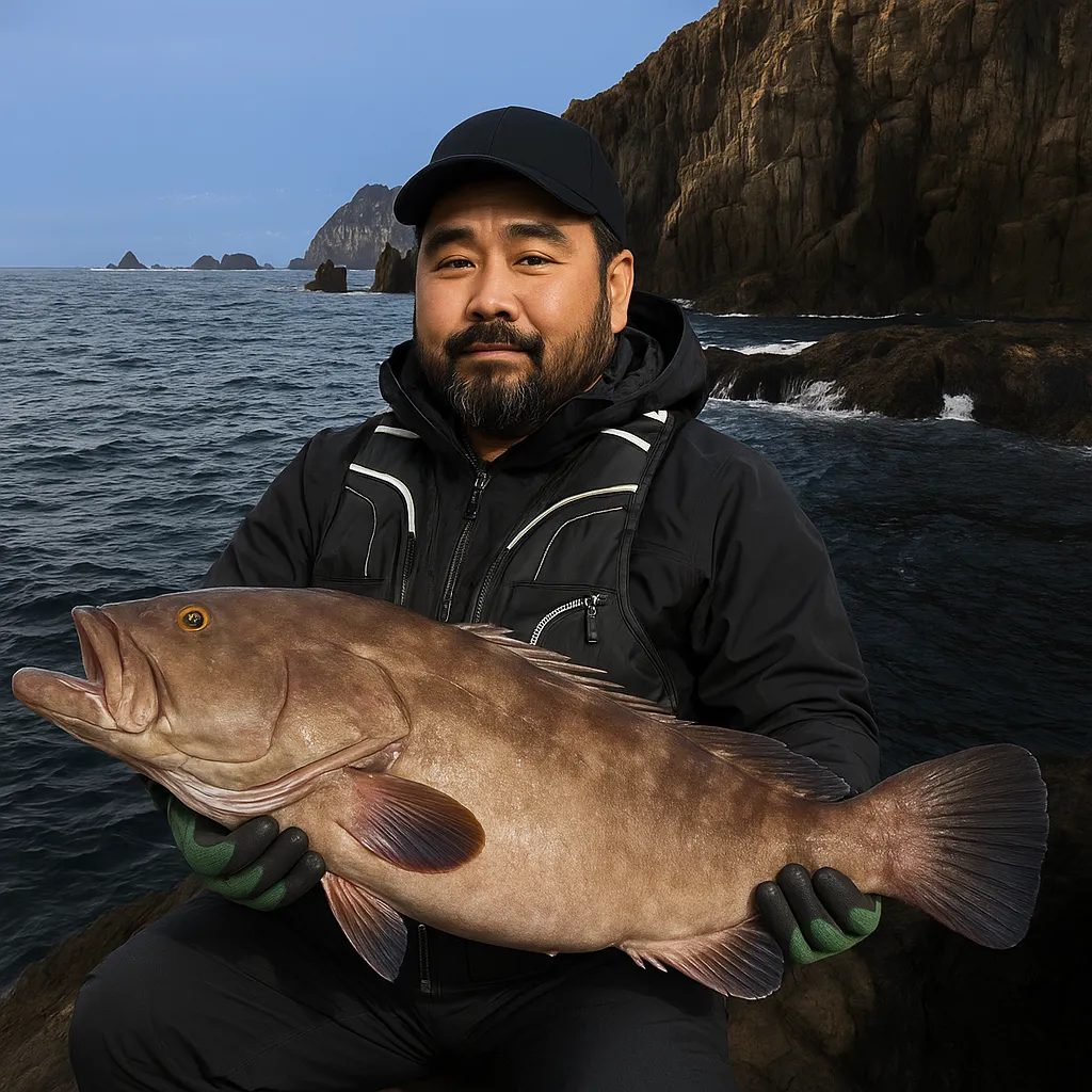 男女群島でクエの釣果を得た楢崎.webp
