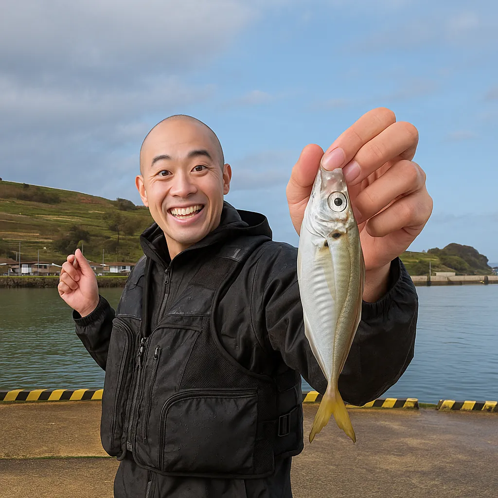 白塚公園.でアジの釣果を得たがんだま君.webp