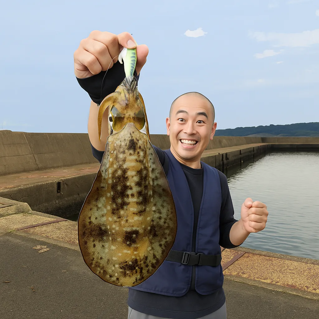 的山大島でアオリイカの釣果を得たがんだま君.webp