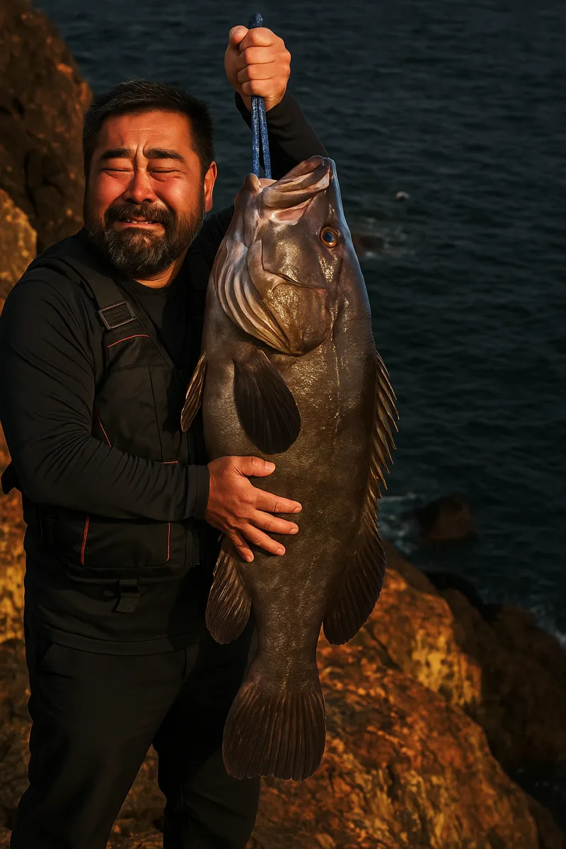 的山大島でクエの釣果を得た楢崎.webp