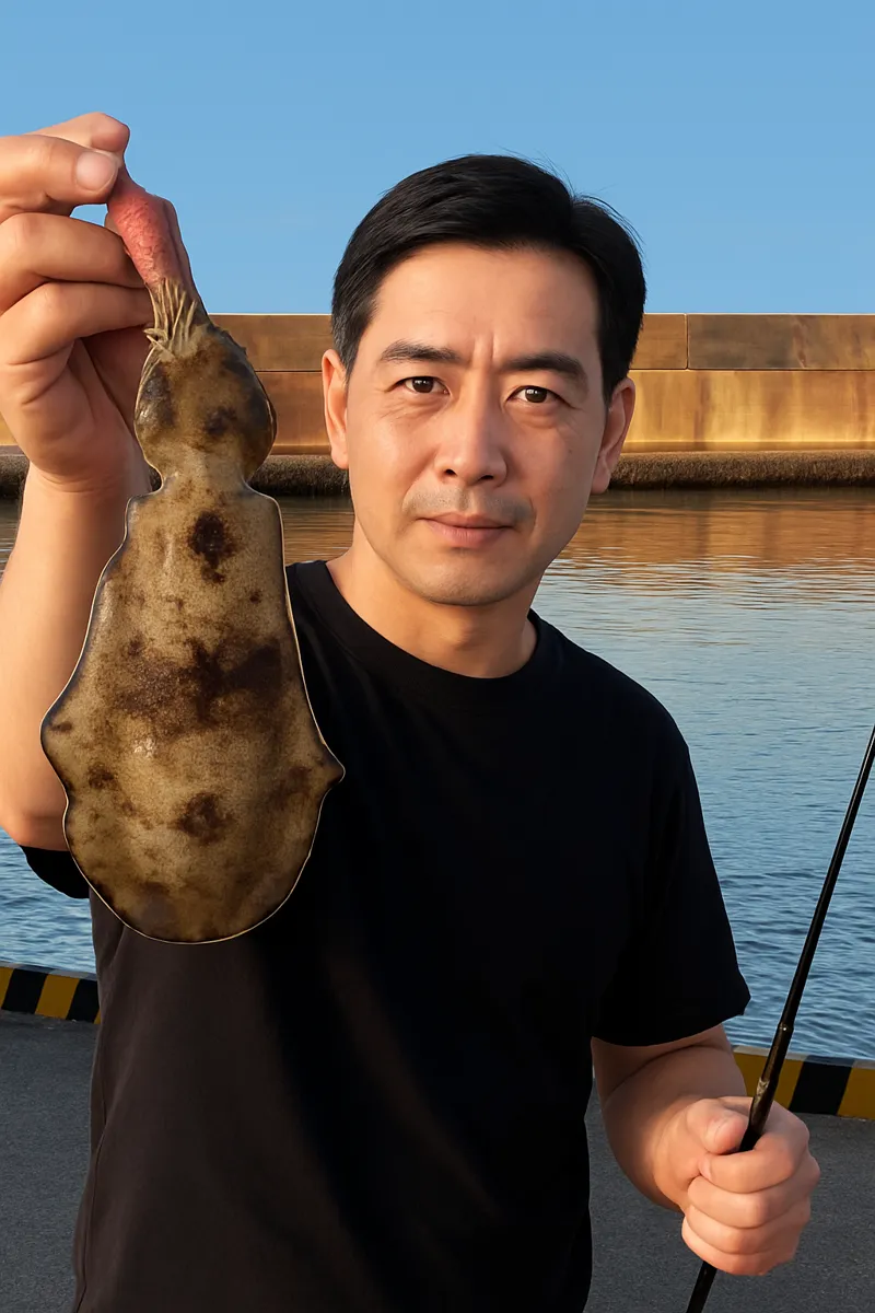 相島でエギングの釣果を得た男性.webp
