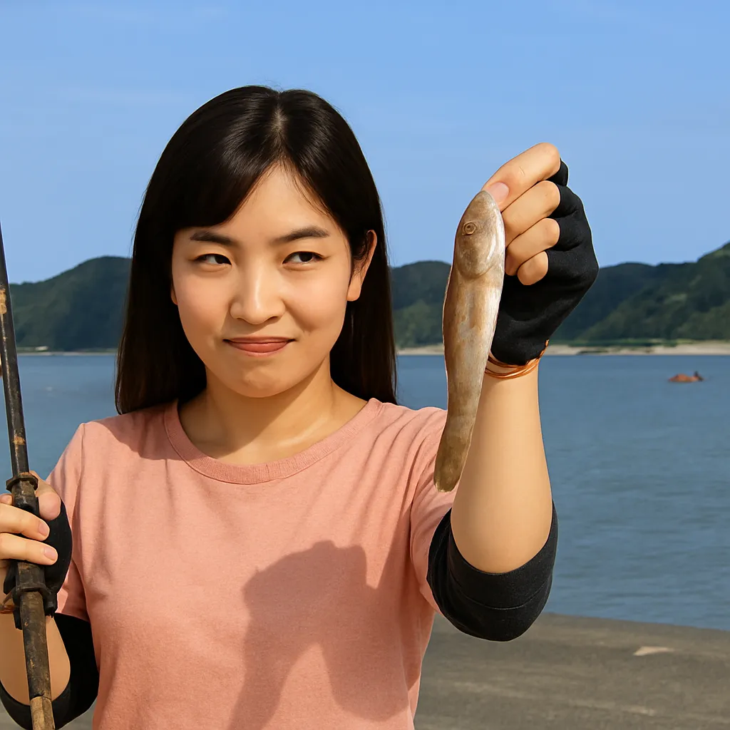 相賀漁港でハゼの釣果を得た女性.webp
