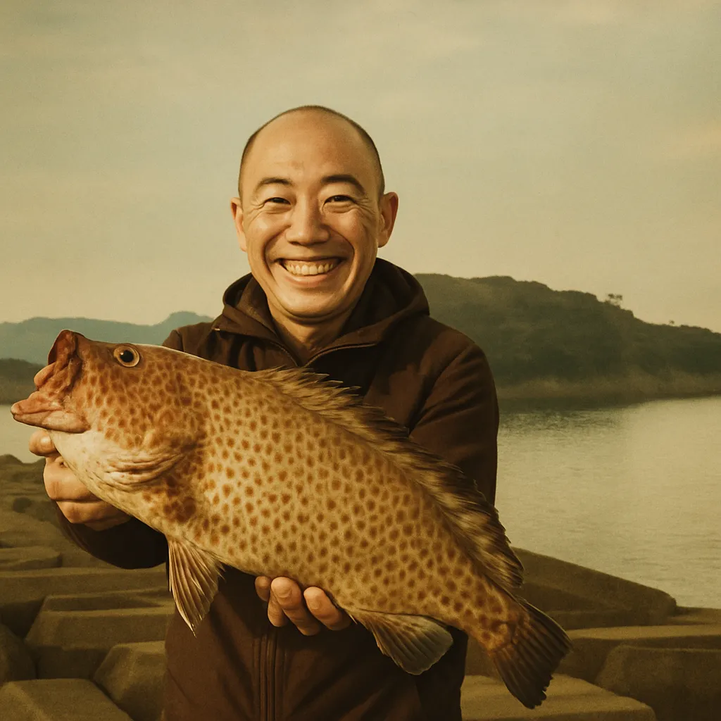 神ノ島でオオモンハタの釣果を得たがんだま君.webp
