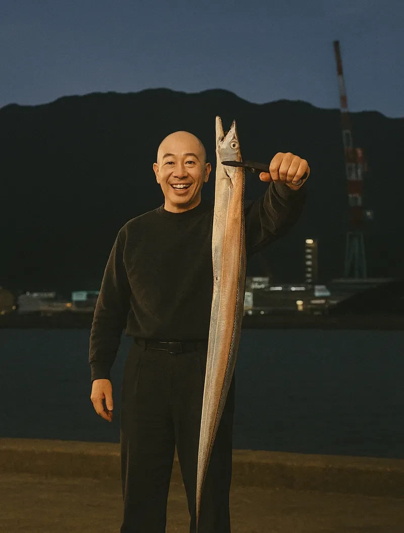 神ノ島でタチウオの釣果を得たがんだま君.webp