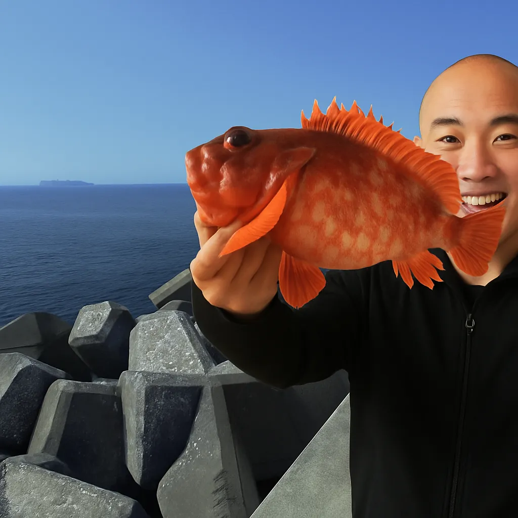 神浦港でアラカブの釣果を得たがんだま君.webp