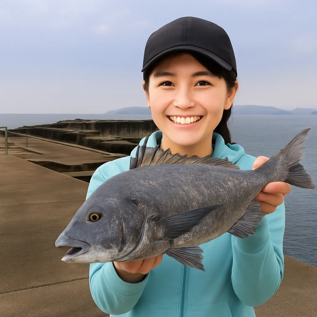 神浦港でチヌの釣果を得た女性.webp