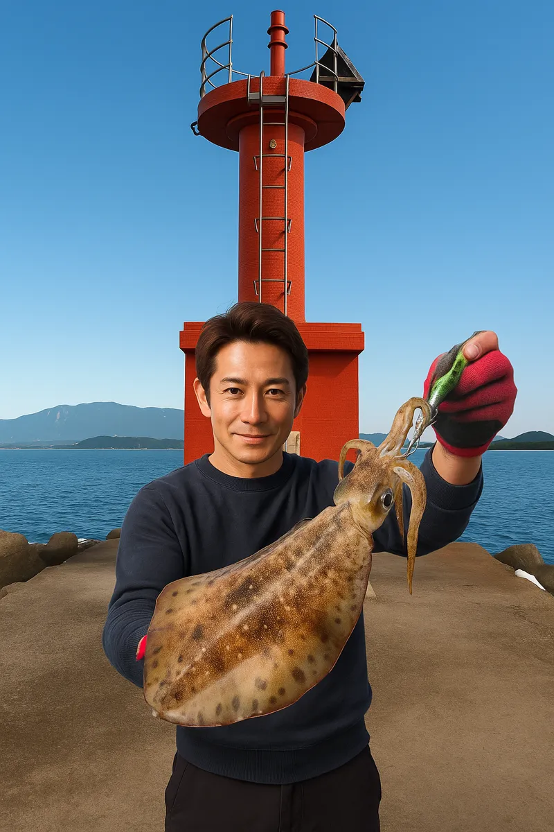 神湊漁港でアオリイカの釣果を得た亀岡.webp