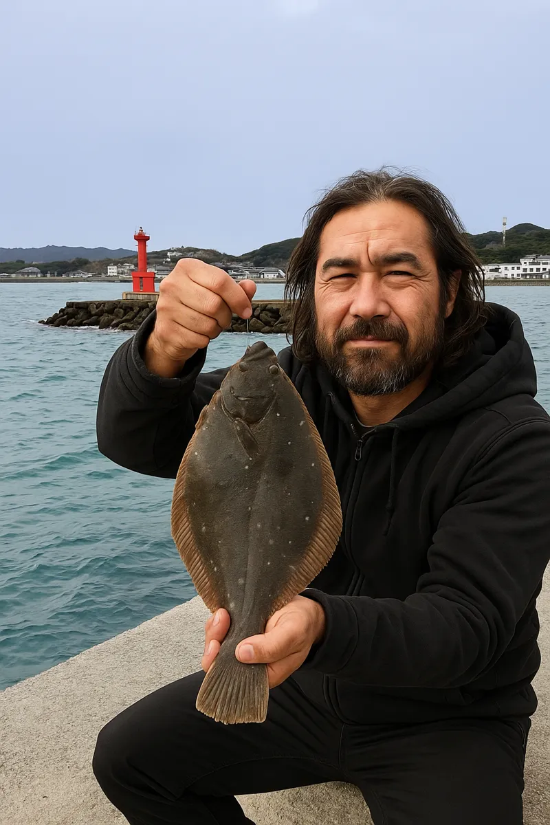 神湊漁港でカレイの釣果を得た男性.webp