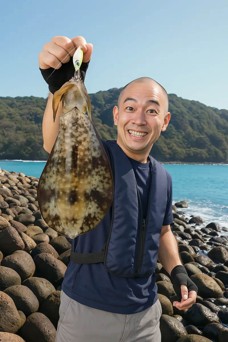 神集島でアオリイカの釣果を得たがんだま君.webp