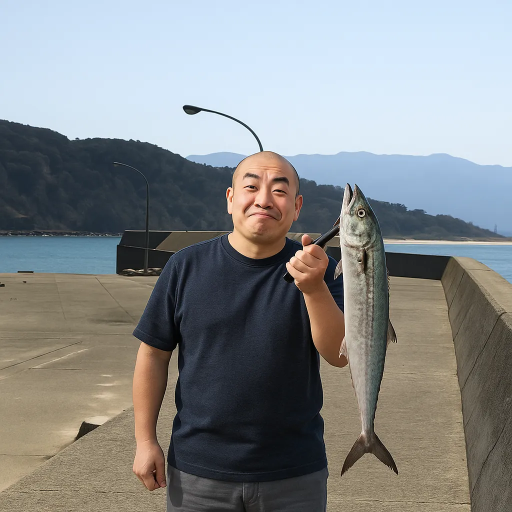 福ノ浦漁港でサゴシの釣果を得たがんだま君.webp