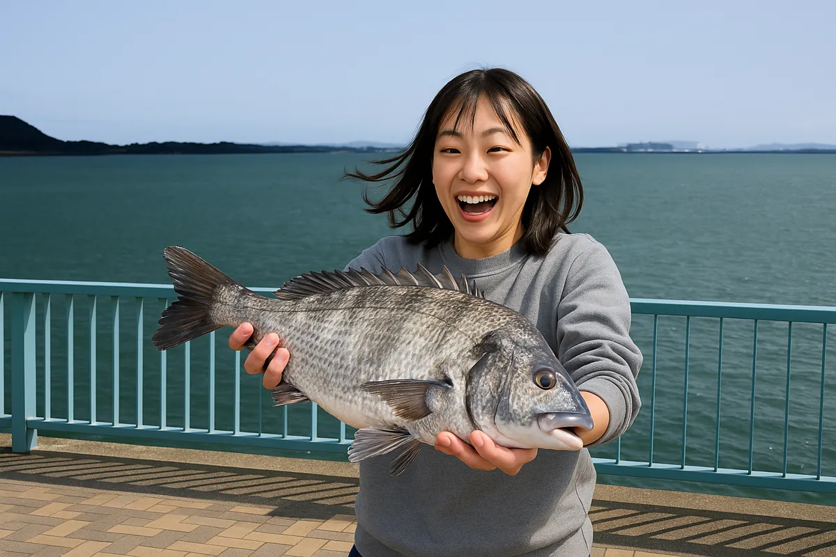 福間漁港でチヌの釣果を得た女性.webp