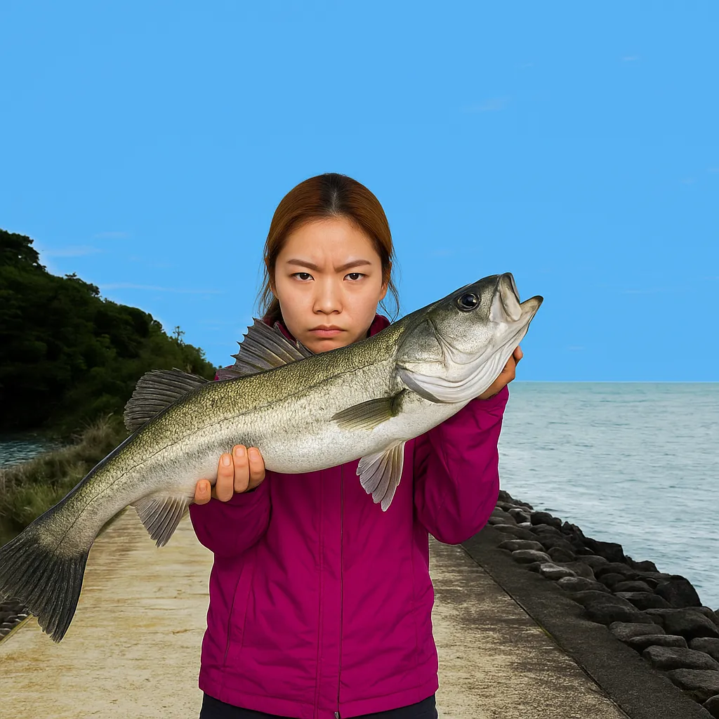 秩父ヶ浦公園.でシーバスの釣果を得た女性.webp