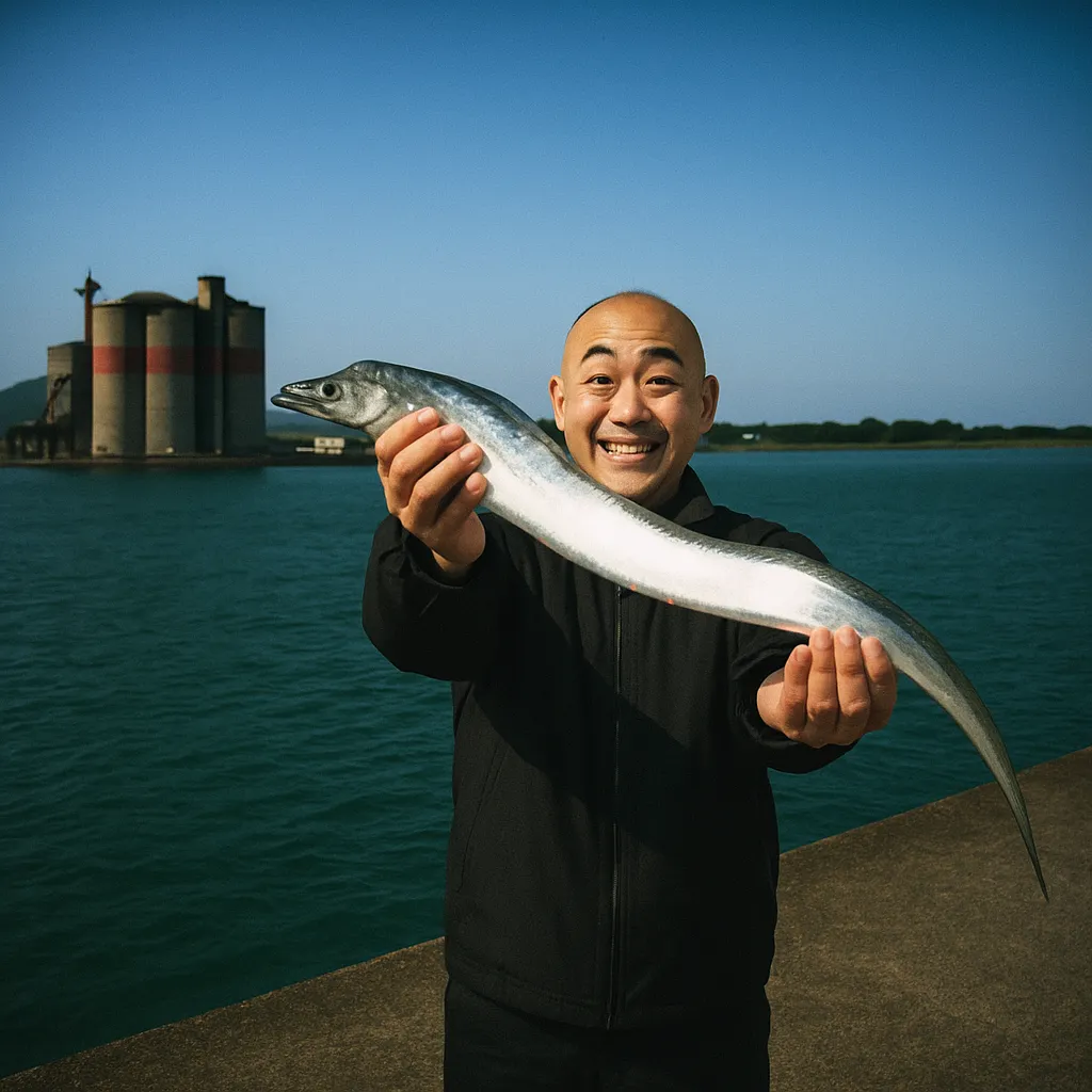 米ノ津港でタチウオの釣果を得たがんだま君.webp