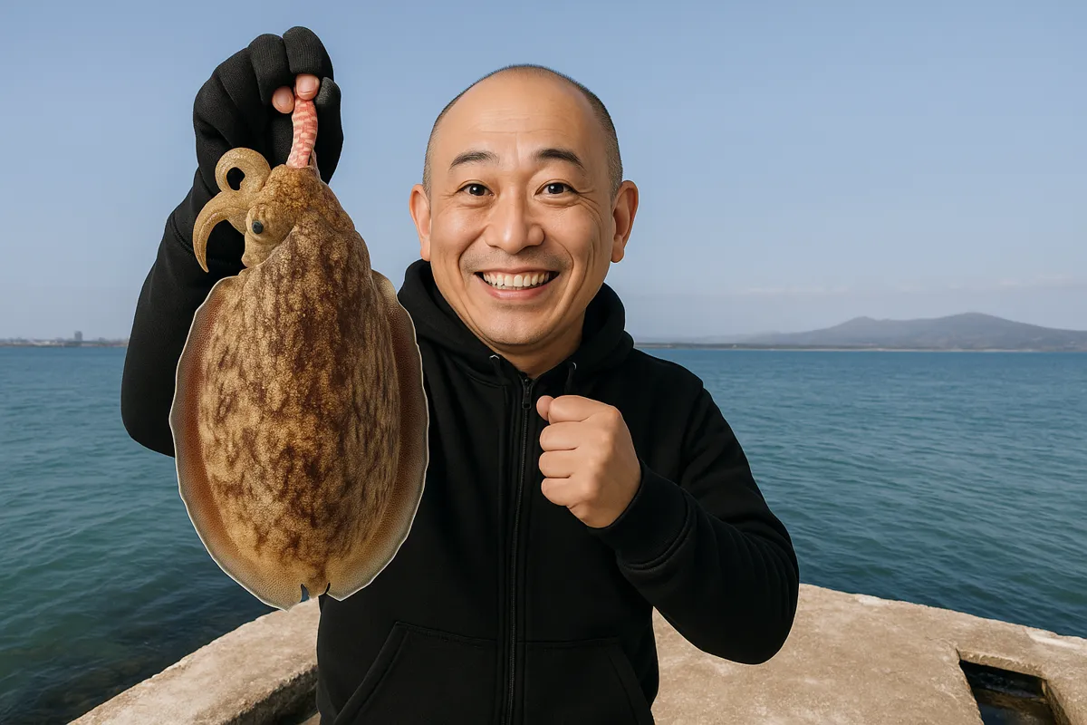 能古島でコウイカの釣果を得たがんだま君.webp