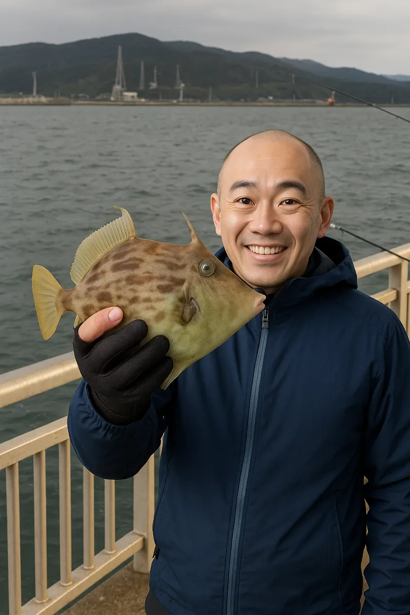 脇田海釣り桟橋でカワハギの釣果を得たがんだま君.webp