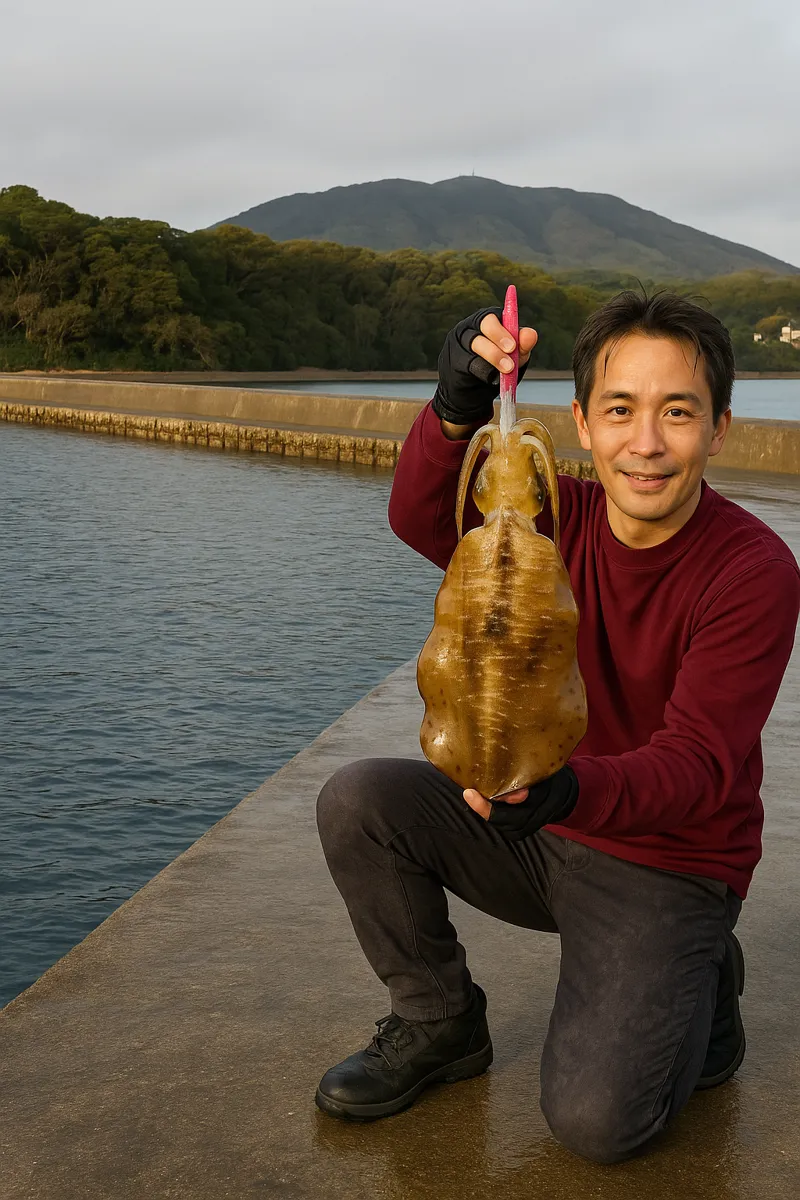 船越漁港でアオリイカの釣果を得た亀岡.webp