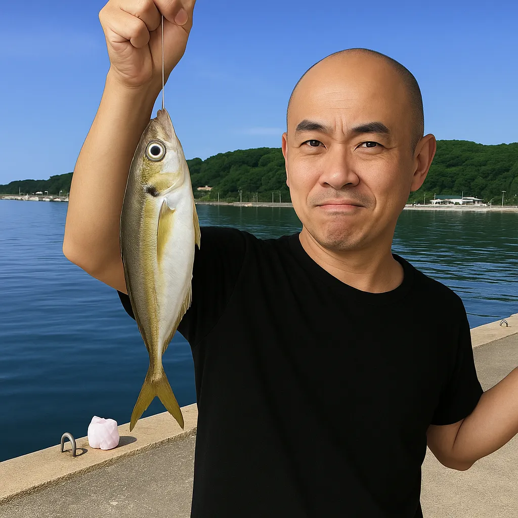 船越漁港でアジの釣果を得たがんだま君.webp