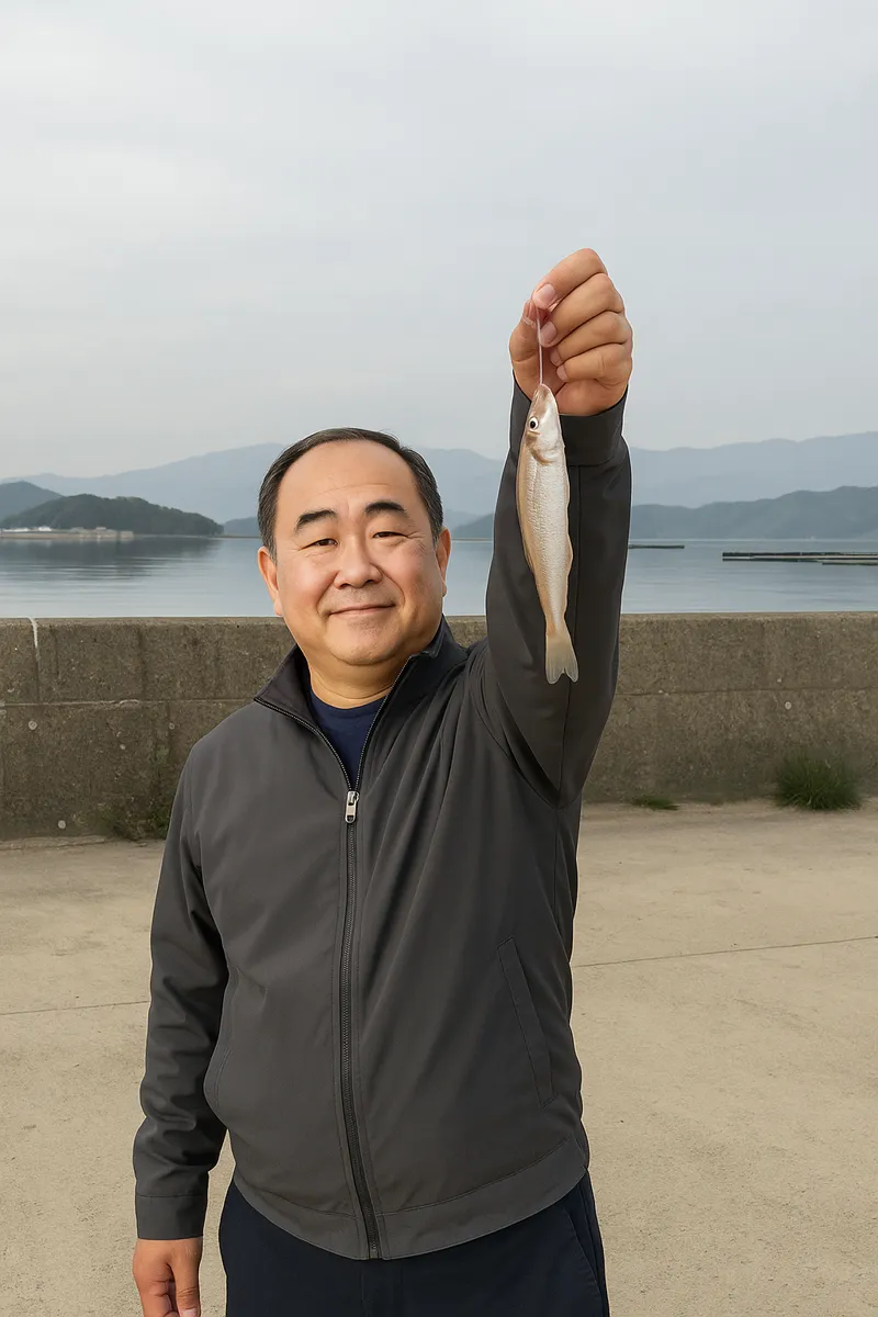 船越漁港でシロギスの釣果を得た持田.webp