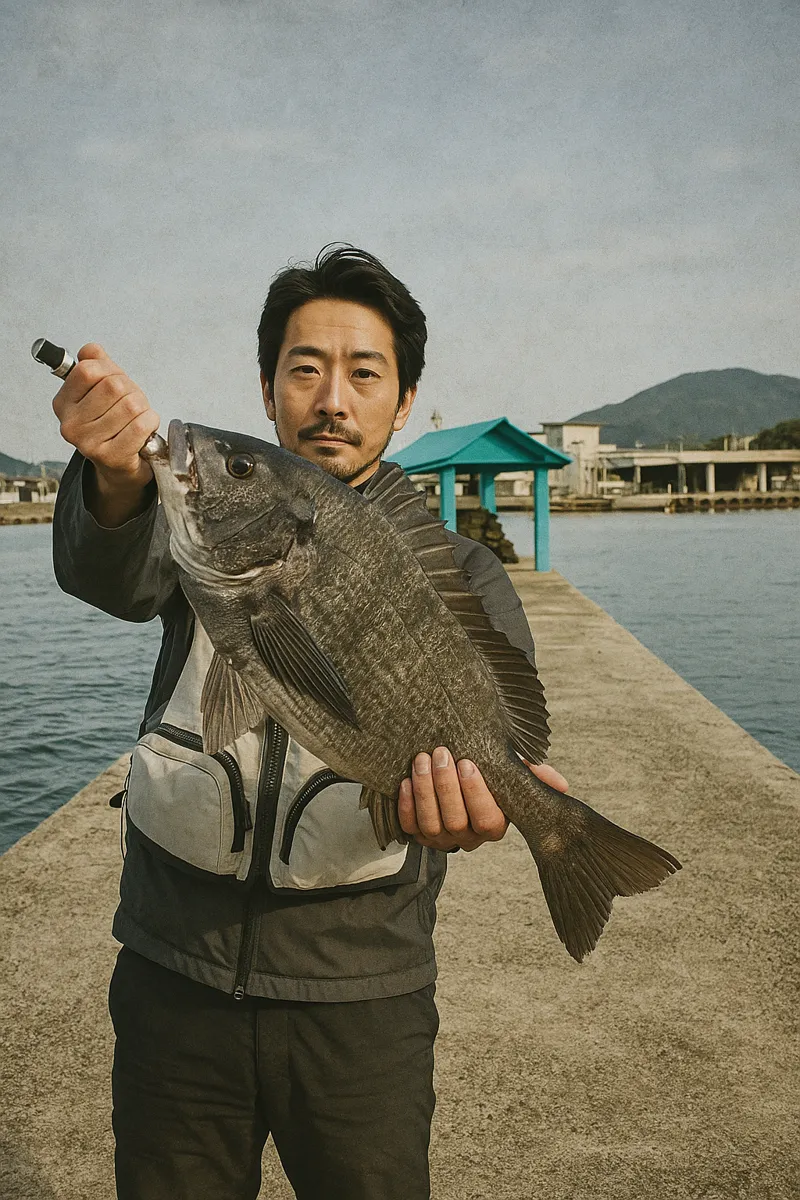 船越漁港でチヌの釣果を得た佐々木.webp