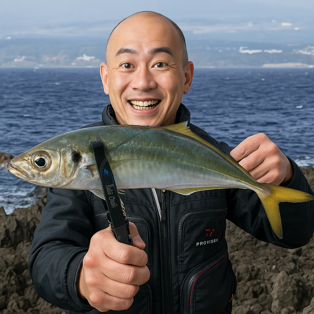 花瀬崎でアジの釣果を得たがんだま君.webp