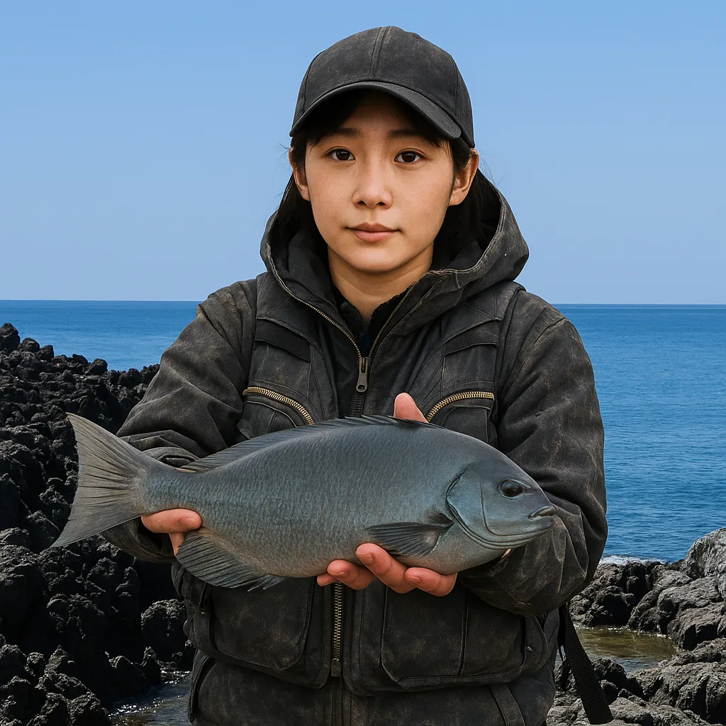 花瀬崎でグレの釣果を得た女性.webp