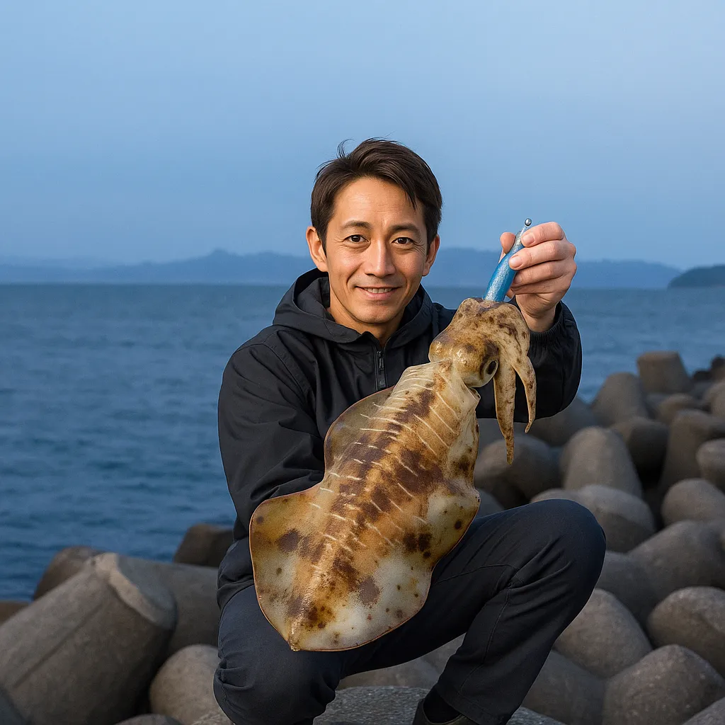 若松沖波止でアオリイカの釣果を得た亀岡.webp