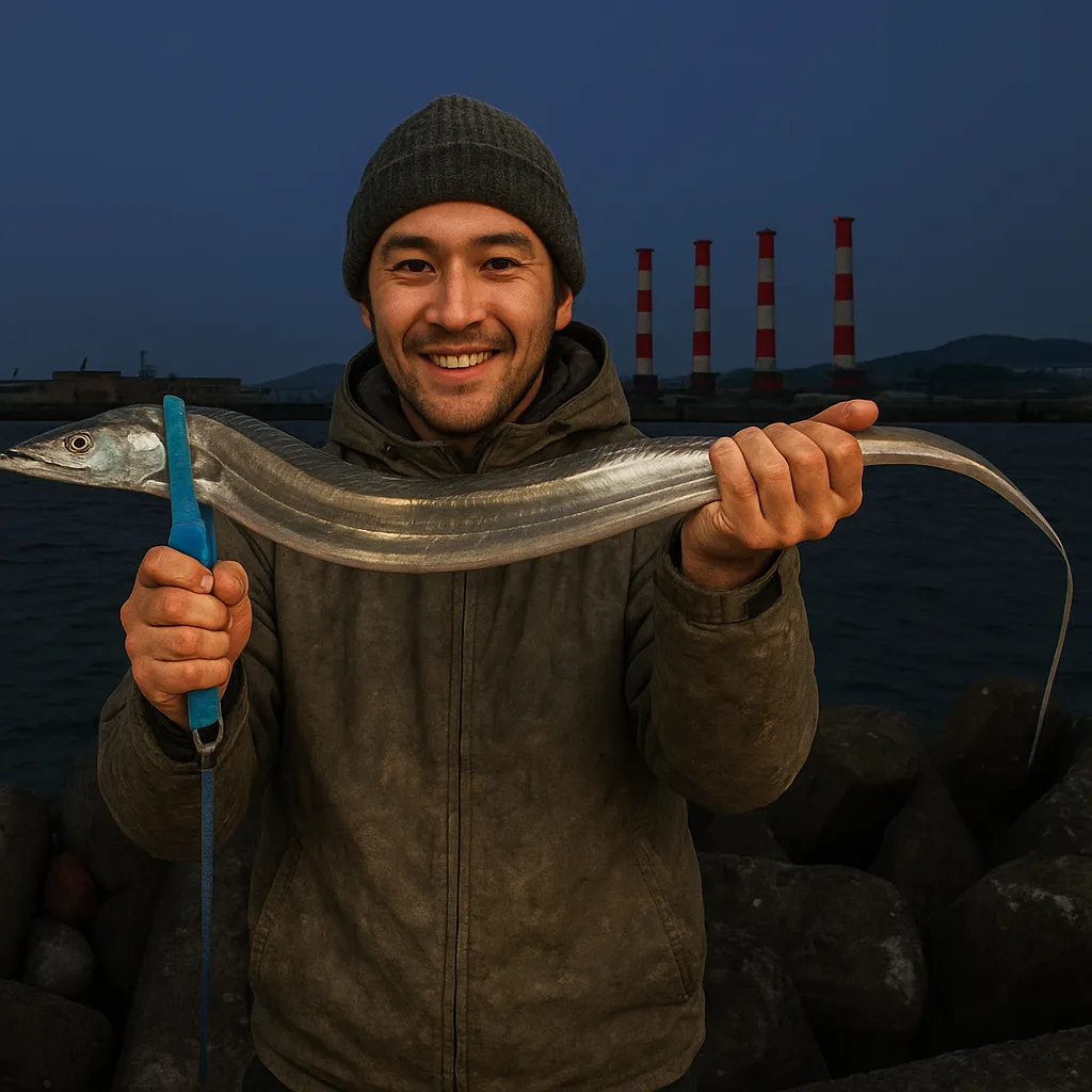 若松沖波止でタチウオの釣果を得た西岡.webp