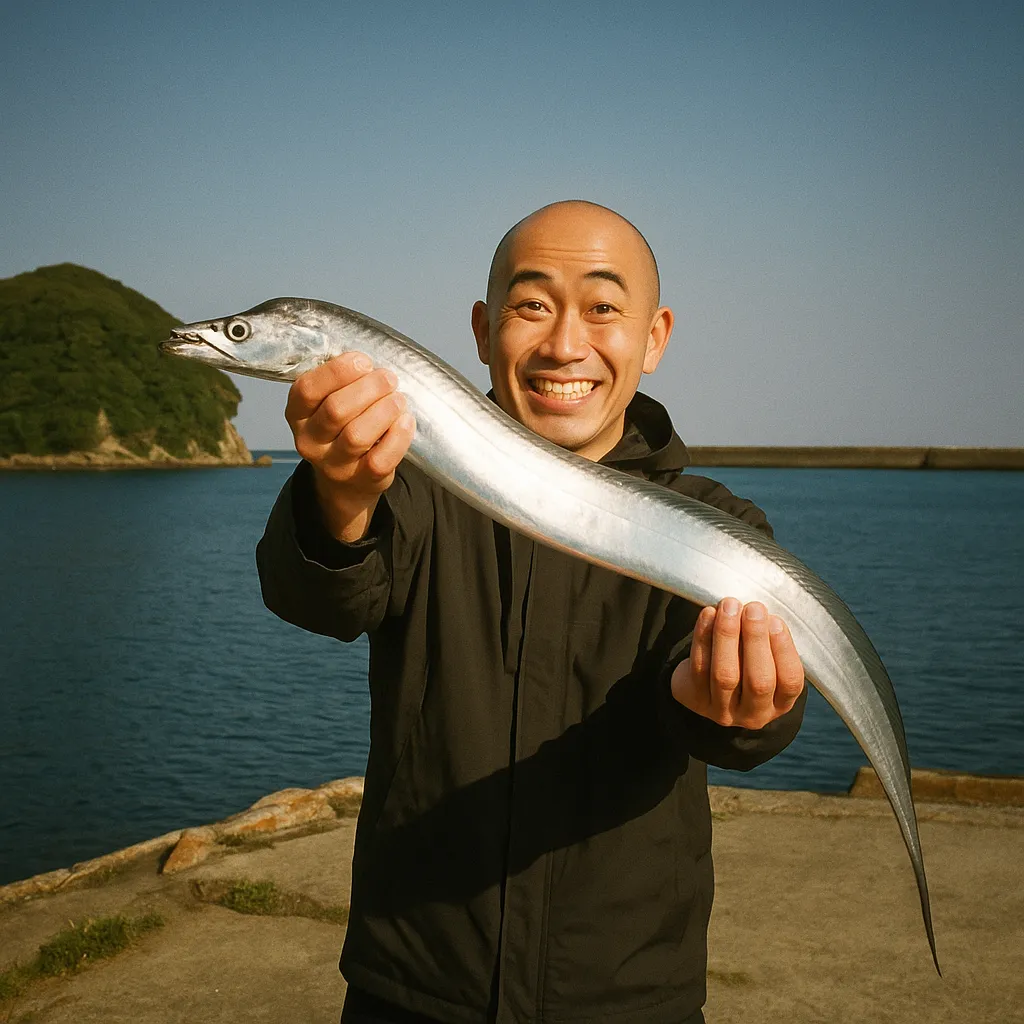 茂木港でタチウオの釣果を得たがんだま君.webp