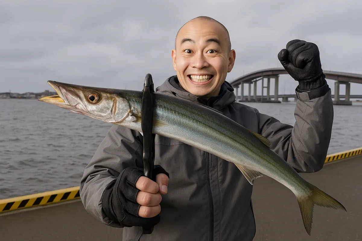 荒津オイルセンターでカマスの釣果を得たがんだま君.webp