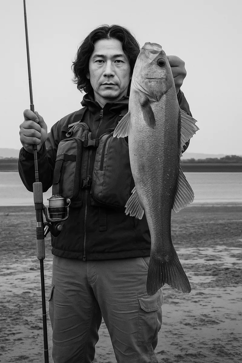 菊池川河口.でシーバスの釣果を得た岸本.webp