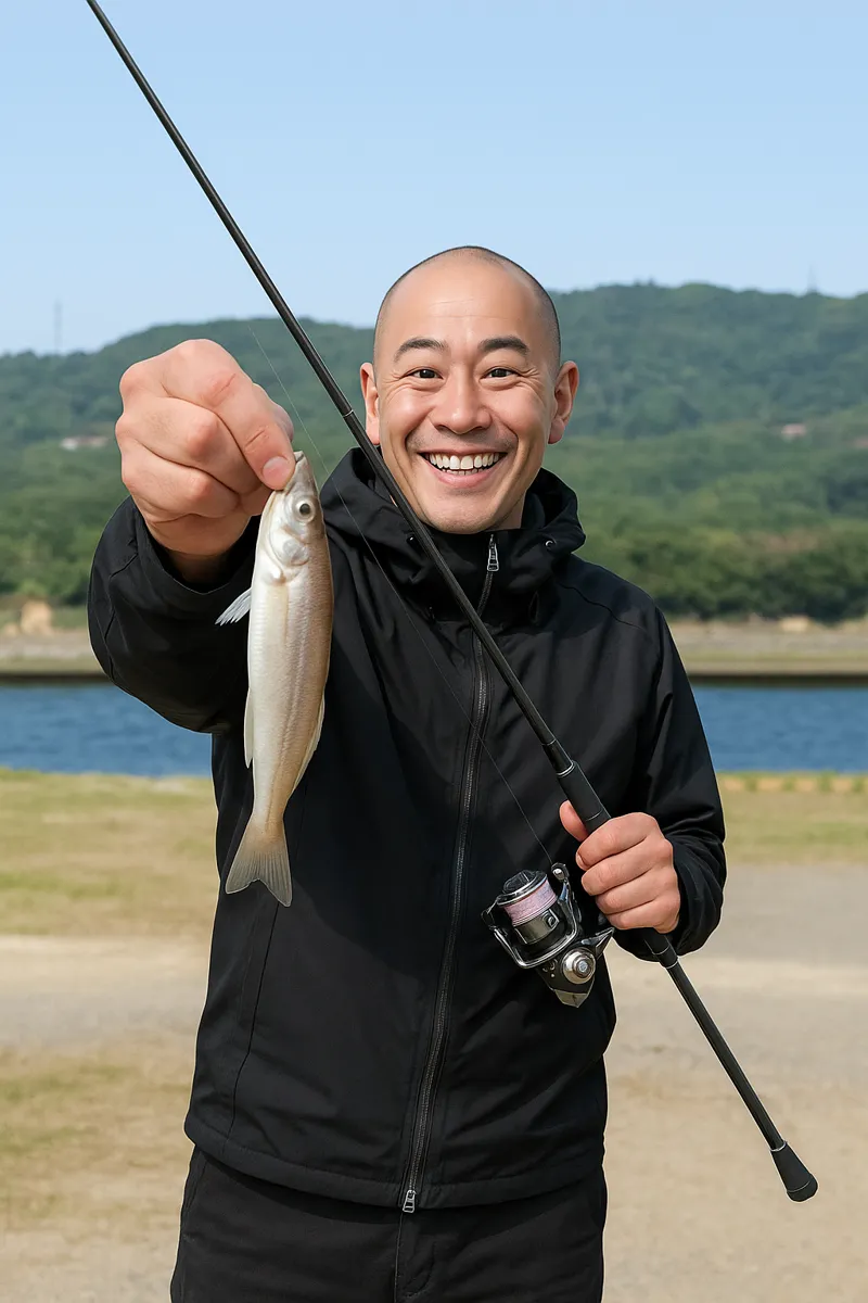 菖津港でシロギスの釣果を得たがんだま君.webp