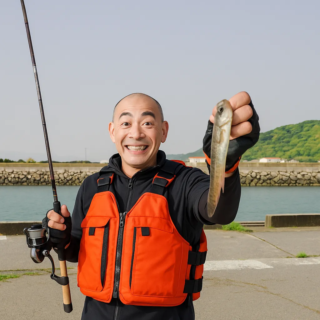蓑島漁港でハゼの釣果を得たがんだま君.webp