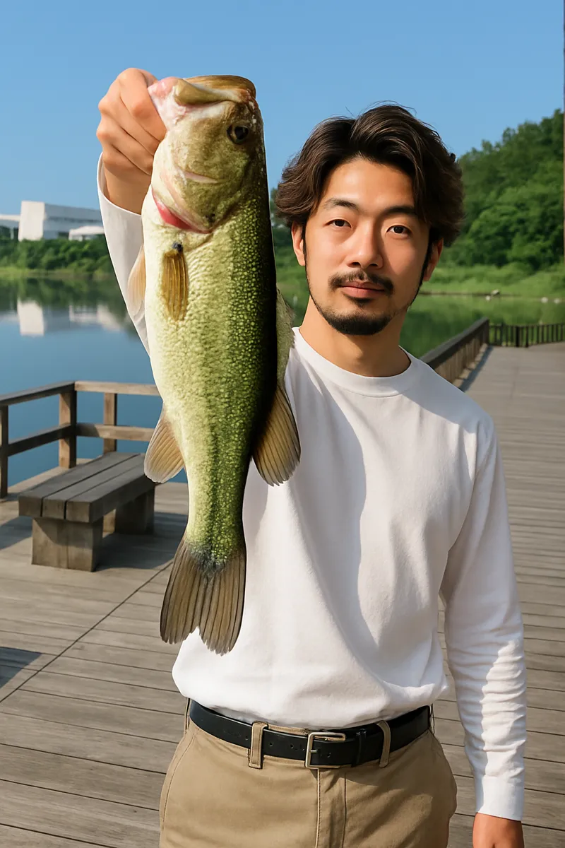 薩摩湖でブラックバスの釣果を得た澤田.webp
