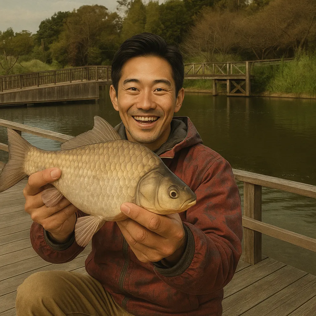 薩摩湖でヘラブナの釣果を得た勝田.webp