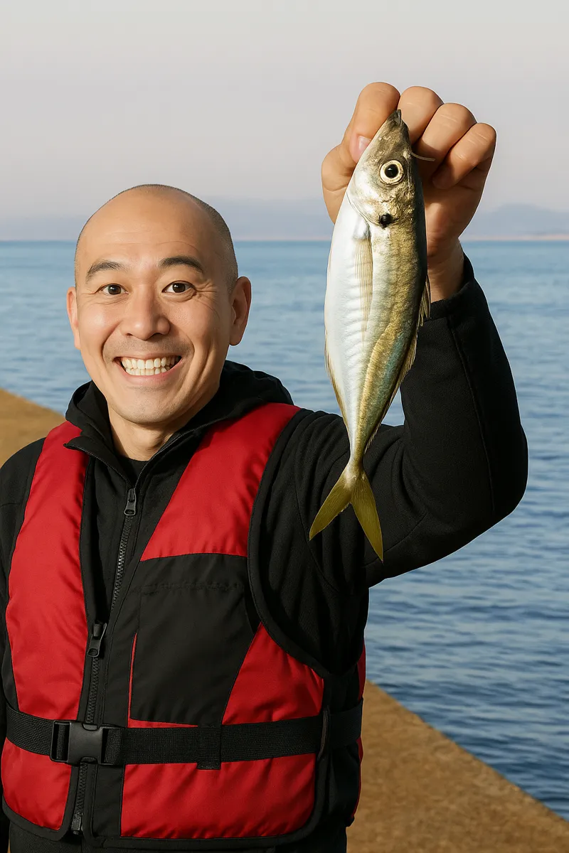 西分漁港でアジの釣果を得たがんだま君.webp