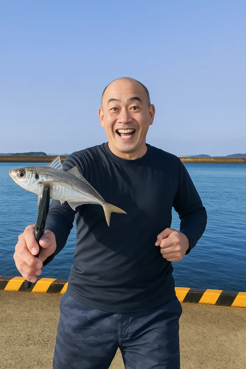 調川港でアジの釣果を得たがんだま君.webp